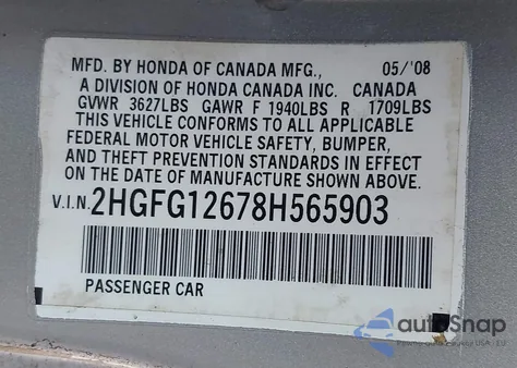 2008 Honda Civic Lx из США, поврежденный, VIN 2HGFG12678H565903